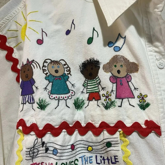 Ol' Paint Hand Painted Sunday School Children Button Shirt Women's XL Cotton Fun - Picture 5 of 12